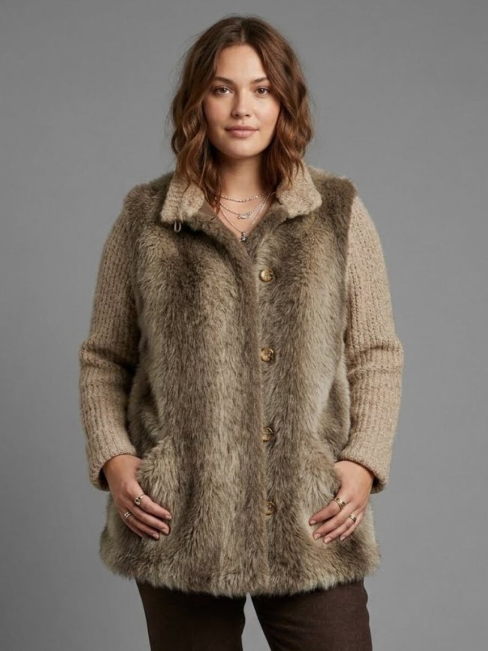16 L Vintage 1980s Lifestyle 80s Andrea Ungar Beige Brown Faux Fur Winter Coat